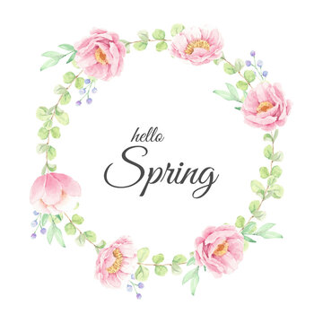 hello spring watercolor pink peony flower bouquet arrangement wreath frame for logo or banner