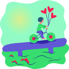 vector illustration, guy rides a bicycle across the bridge, holding heart-shaped balloons in his hand, the sun is shining, fish are visible in the water, flat simple style