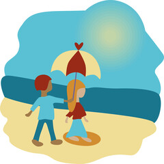 Obraz na płótnie Canvas illustration, girl walks along the beach on a sunny day, a guy holds a sun umbrella over her, flat simple style