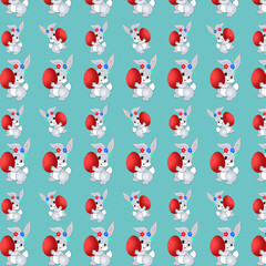 Obraz premium Seamless pattern bunnies with eggs isolated on blue background.