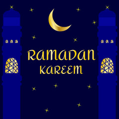 Сongratulations on the Muslim holiday Ramadan Kareem on a dark background with a night city, the moon and stars