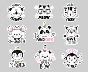 Doodle animals vector set. Owl, cat with glasses, baby tiger, panda unicorn, bear, monkey, princess mouse, penguin queen, koala faces in sketch style. - 422267274