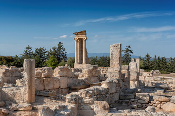 Fototapeta na wymiar Old Greek ruins of the Sanctuary of Apollo Hylates, city of Kourion near Limassol, Cyprus.