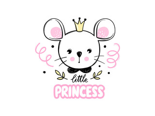 Cute mouse princess with crown isolated on white. Mice illustration. Doodle animal face. Vector character. Hand drawn cartoon Rodent.