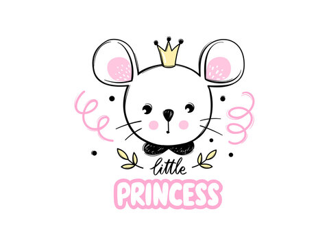 Cute mouse princess with crown isolated on white. Mice illustration. Doodle animal face. Vector character. Hand drawn cartoon Rodent.