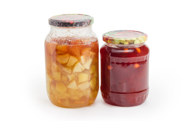 Apricot and apple jam in two different glass jars