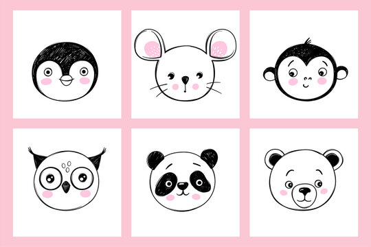 Doodle animals head vector set. Owl, panda, bear, monkey, mouse, penguin faces in sketch style. Funny faces. Cute children's illustrations
