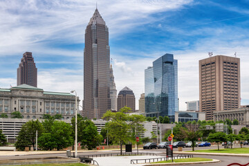 Cleveland skyline. Views on Cleveland Downtown in summertime at sunset, Cleveland, OH.