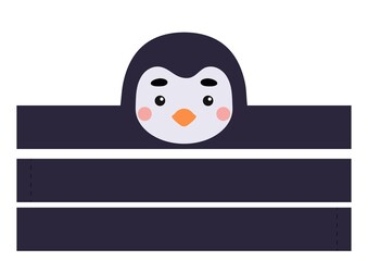 Printable penguin paper headband. Party crown die cut template for birthday, christmas, baby shower. Fun accessory for entertainment. Print, cut and glue. Vector stock illustration.