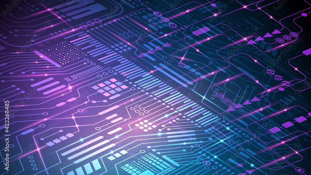 Poster Abstract technological vector background. Computer network and chips. Internet and technology. Electronic circuits. Chips with binary code. Social network. Global communication systems. Futuristic.