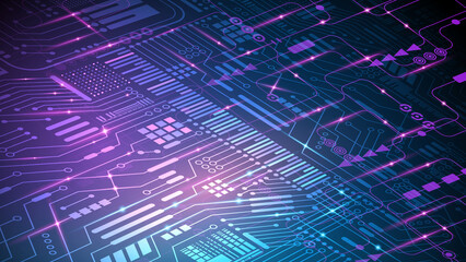Obraz premium Abstract technological vector background. Computer network and chips. Internet and technology. Electronic circuits. Chips with binary code. Social network. Global communication systems. Futuristic.