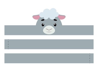Printable sheep paper crown. Party headband die cut template for birthday, christmas, baby shower. Fun accessory for entertainment. Print, cut and glue. Vector stock illustration.