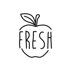 Logotipo con texto manuscrito FRESH escrito a mano en silueta de manzana con lineas en color negro