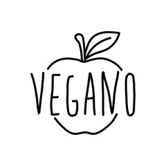 Logotipo con texto manuscrito VEGANO en español escrito a mano en silueta de manzana con lineas en color negro