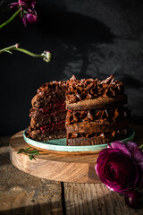 Homemade chocolate and cherry cake on wooden stand with flowers on dark background.
