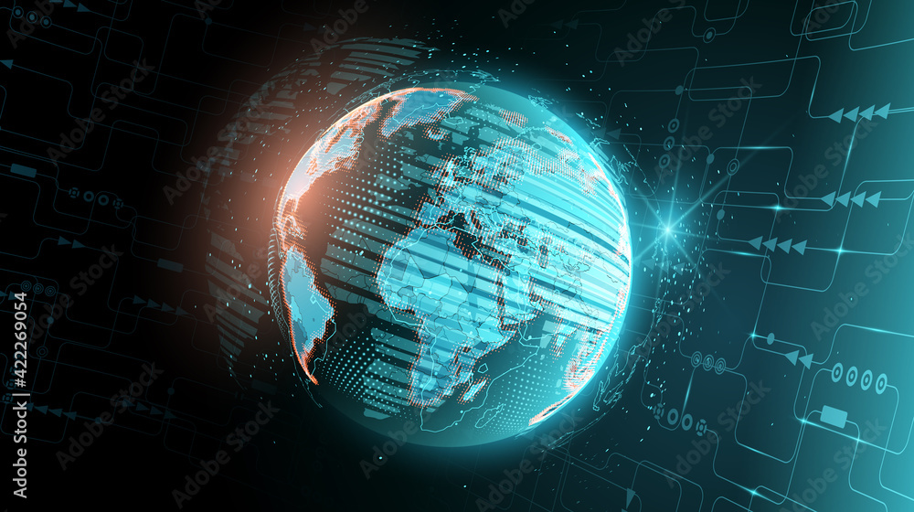 Poster abstract planet earth inside a computer network. contours of countries and continents from luminous 