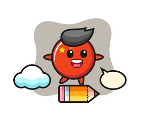 china flag badge mascot illustration riding on a giant pencil