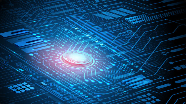 Computer microprocessor and microchips. Binary code, artificial intelligence and the Internet. Global communication system and digital world. Modern technologies. Blue abstract vector image.