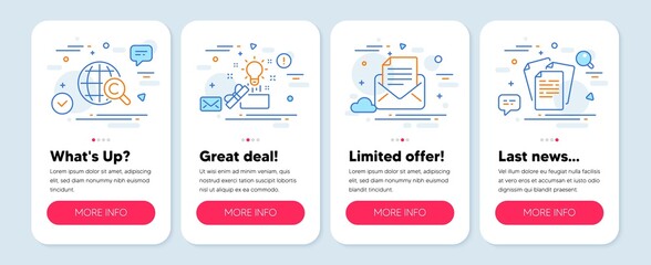 Set of Education icons, such as Mail correspondence, International Copyright, Creative idea symbols. Vector