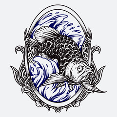 tattoo and t-shirt design black and white hand drawn arowana fish engraving ornament