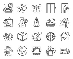 Transportation icons set. Included icon as Bus, Hold box, Lift signs. Vector