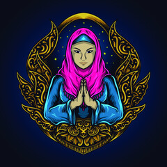 artwork illustration and t-shirt design muslim women in engraving ornament