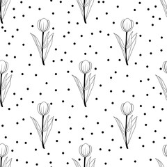 Floral seamless pattern tulip and polka dot. Spring fresh flower buds for wrapping and scrapbooking paper. Doodle black outline hand drawn plants. Stock vector illustration on white background.