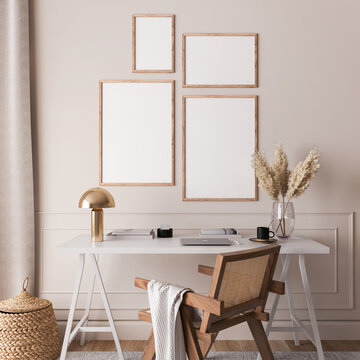 Mock up gallery wall in Scandinavian interior background, rattan chair and white desk in home office room design, 3d render