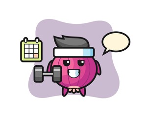 onion mascot cartoon doing fitness with dumbbell