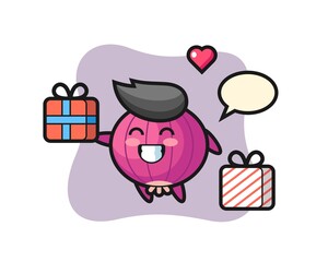 onion mascot cartoon giving the gift