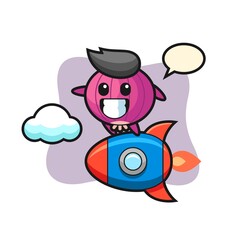 onion mascot character riding a rocket