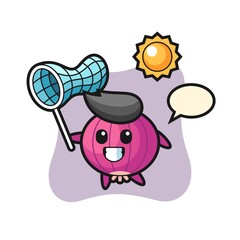 onion mascot illustration is catching butterfly