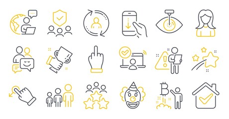 Set of People icons, such as Winner cup, Bitcoin project, Clown symbols. Vector