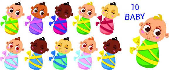 ten newborn cute toddlers. A bright picture in the cartoon style. Vector illustration. On a white background.