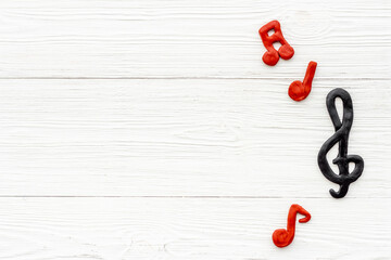Flat lay of music notes, space for text. Music background