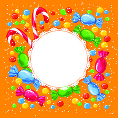 Round decorative frame of sweets. Place for text. Template for the booklet. vector illustration on an orange background.