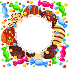 Round decorative frame of sweets. Place for text. Template for the booklet. vector illustration on white background.