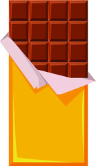 A chocolate bar in a slightly open package. Yellow packing. Place for your text. Vector illustration. In a realistic style. On a white background.