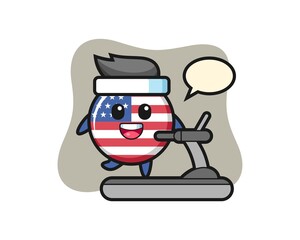 united states flag badge cartoon character walking on the treadmill