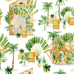Watercolor greenhouse on tropical landscape seamless pattern witn palm tree, banana leaf, cactus, wood house. Summer garden for wrapping paper, scrapbook paper, wallpaper decor, textile fabric