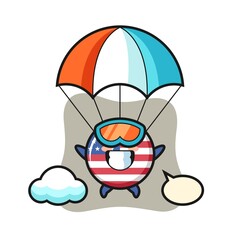 united states flag badge mascot cartoon is skydiving with happy gesture