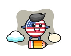 united states flag badge mascot illustration riding on a giant pencil