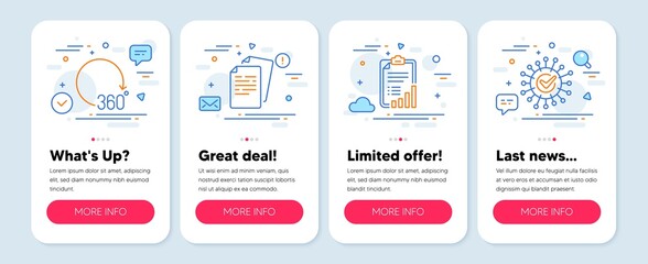 Set of Science icons, such as Checklist, Documents, 360 degrees symbols. Coronavirus line icons. Vector