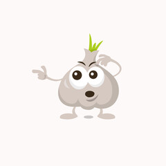 Illustration of cute surprised garlic mascot showing to the left. Flat design style for your mascot branding.