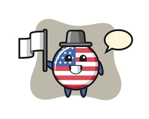 Cartoon character of united states flag badge holding a flag