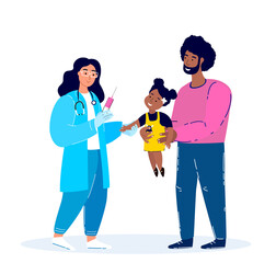 Female Pediatrician Doctor Vaccinate African Girl.COVID pandemic Inoculation Concept illustration for immunity health. Father with Kid in hospital.Doctor in a medical Uniform.Flat Vector illustration