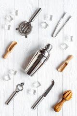 Cocktail bar utensils and tools with shaker, strainer and ice