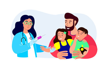 Female Nurse Pediatrician Doctor Vaccinate Children.COVID pandemic Inoculation Concept illustration for immunity health.Father with Kids in hospital.Doctor in medical Uniform.Flat Vector illustration