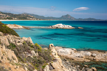crystal clear water and white sand in Scoglio di Peppino beach, Costa rei, Sardinia