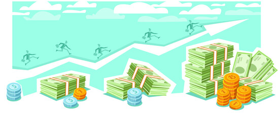 The graph of revenue growth, profit. An image of the sky, bundles of money and coins. Businessmen aspire to the clouds. Money and business. Vector flat illustration.